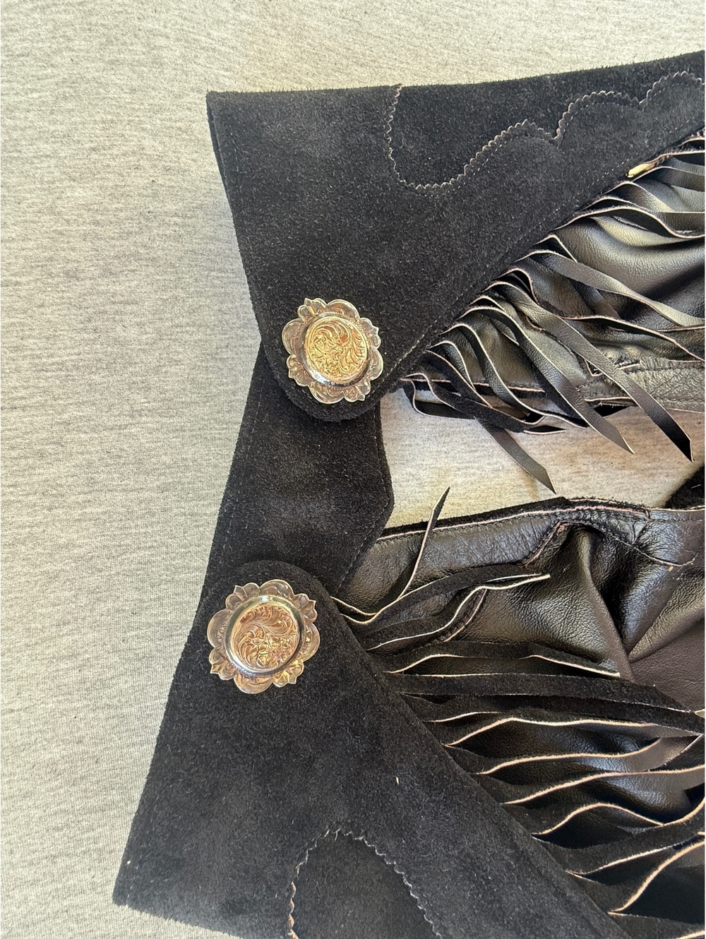 Black leather and suede Vogt silver hardware fringe western chaps